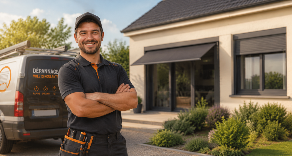 Expert en volet roulant devant la maison d'un client satisfait